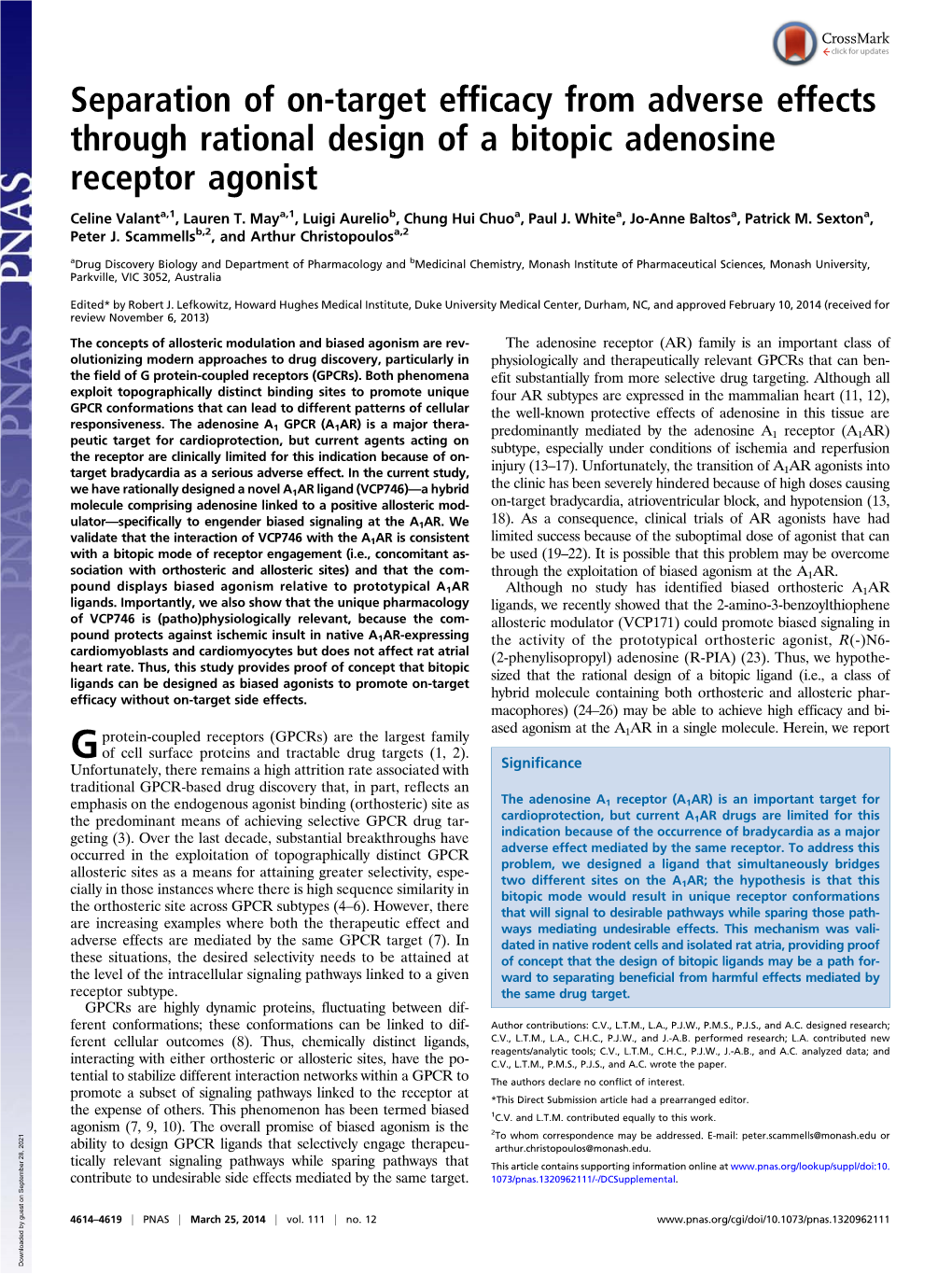 Separation of On-Target Efficacy from Adverse Effects Through Rational Design of a Bitopic Adenosine Receptor Agonist