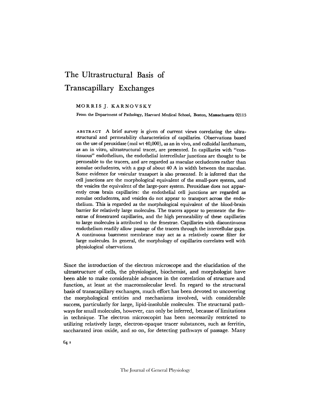 The Ultrastructural Basis of Transcapillary Exchanges