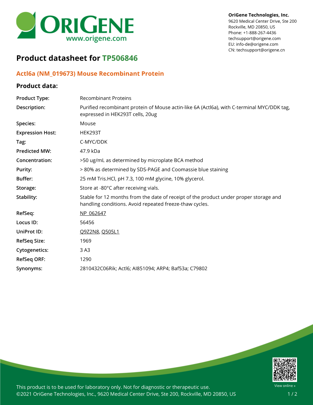 Actl6a (NM 019673) Mouse Recombinant Protein Product Data