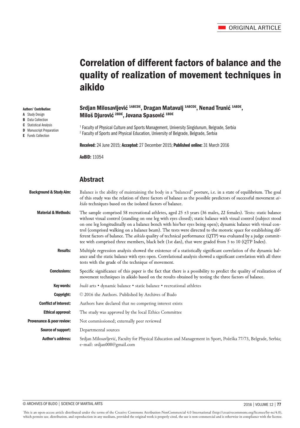 Correlation of Different Factors of Balance and the Quality of Realization of Movement Techniques in Aikido