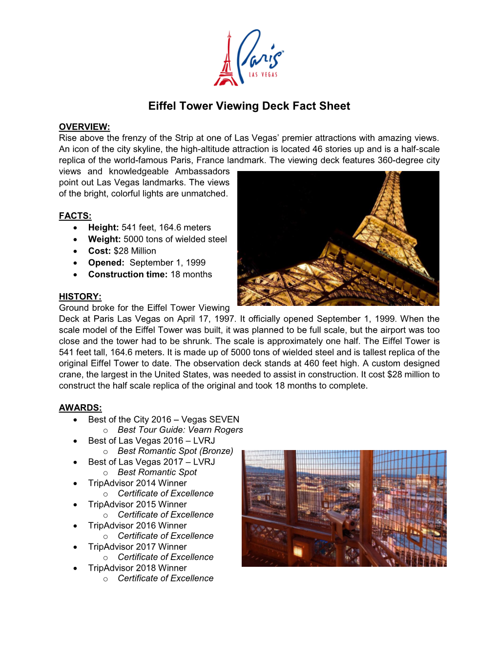 Eiffel Tower Viewing Deck Fact Sheet