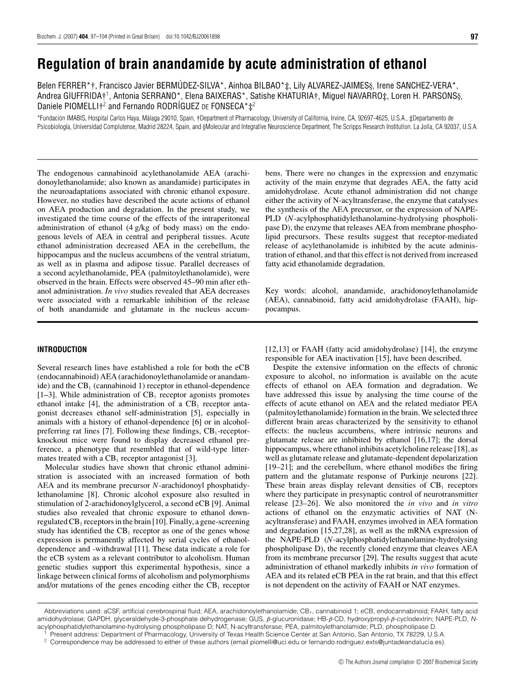 Regulation of Brain Anandamide by Acute Administration of Ethanol