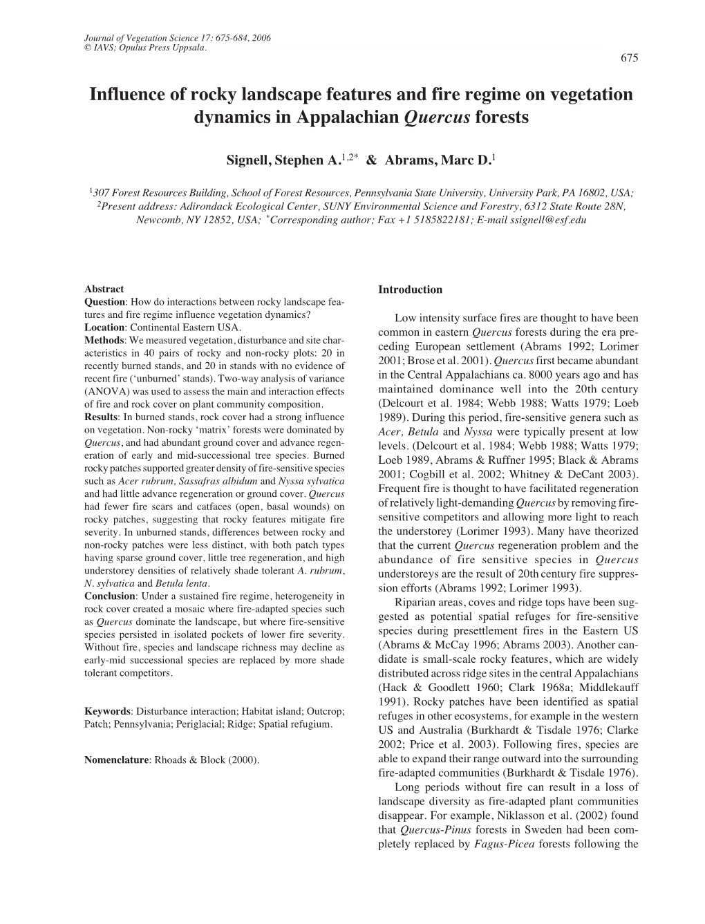 Influence of Rocky Landscape Features and Fire Regime on Vegetation Dynamics in Appalachian Quercus Forests