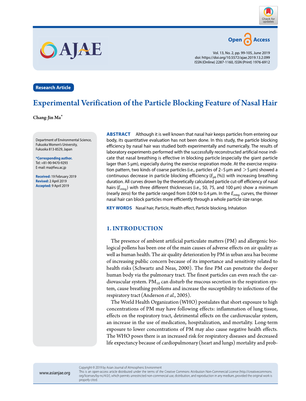 Experimental Verification of the Particle Blocking Feature of Nasal Hair