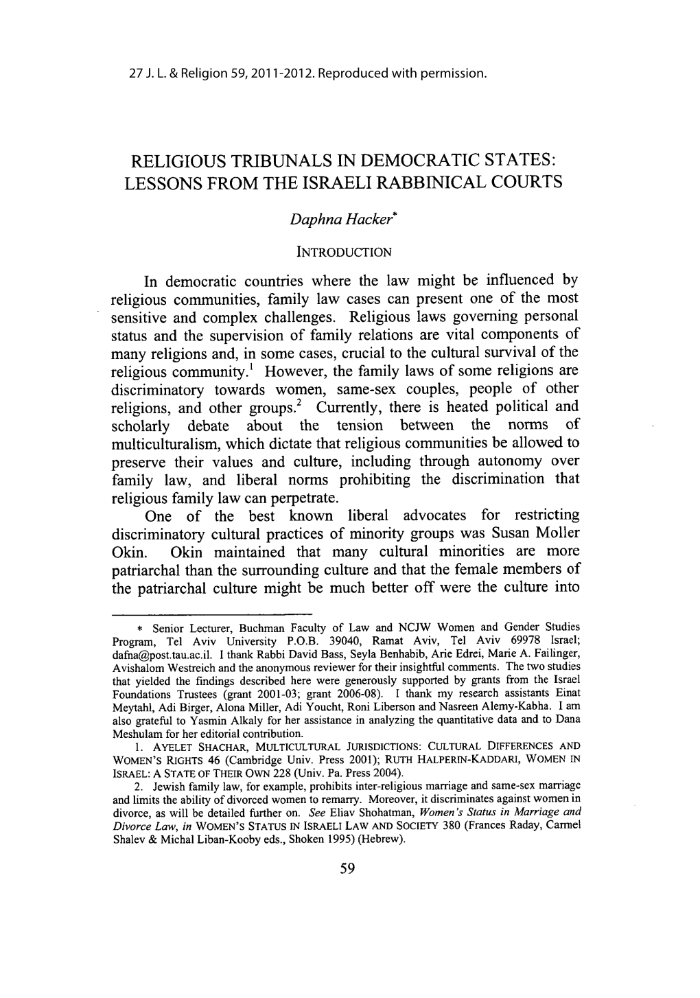 Religious Tribunals in Democratic States: Lessons from the Israeli Rabbinical Courts