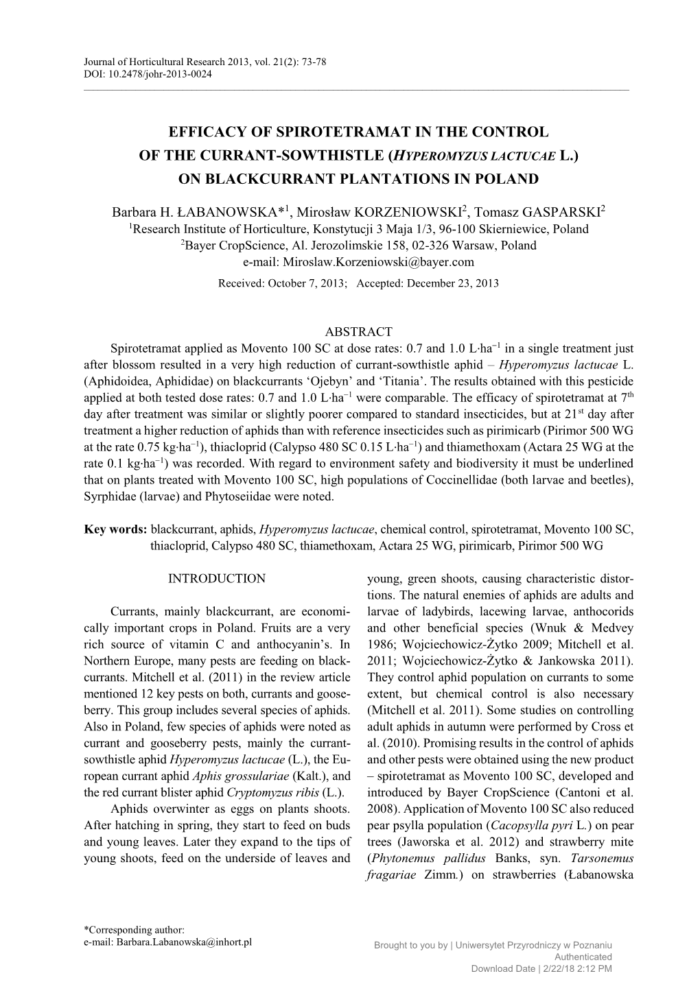 Efficacy of Spirotetramat in the Control of the Currant-Sowthistle (Hyperomyzus Lactucae L.) on Blackcurrant Plantations in Poland