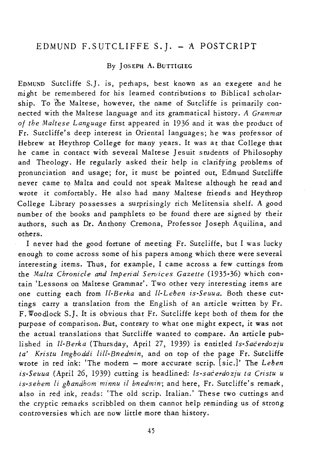 Edmund F.Sutcliffe S.]. - a Postcript