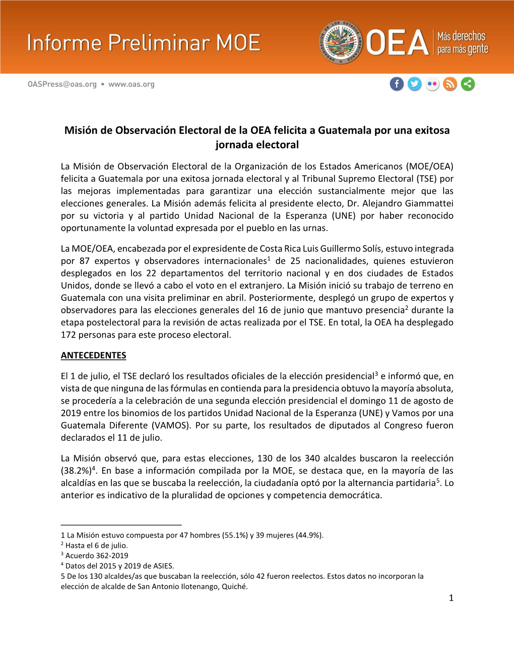 Misión De Observación Electoral De La OEA Felicita a Guatemala Por Una Exitosa Jornada Electoral