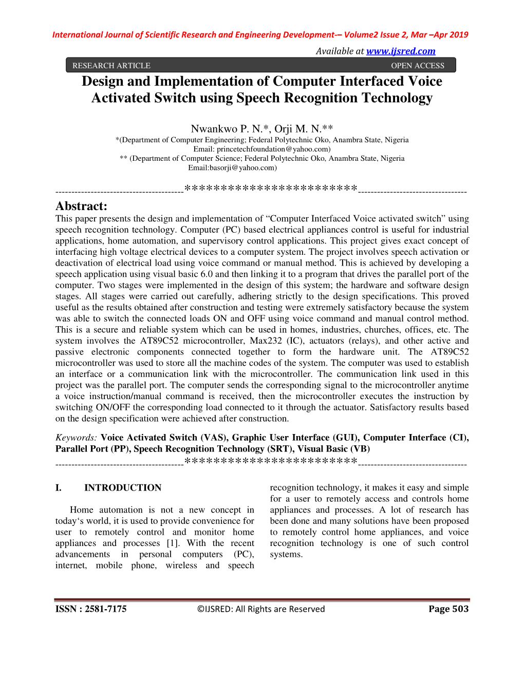 Design and Implementation of Computer Interfaced Voice Activated Switch Using Speech Recognition Technology