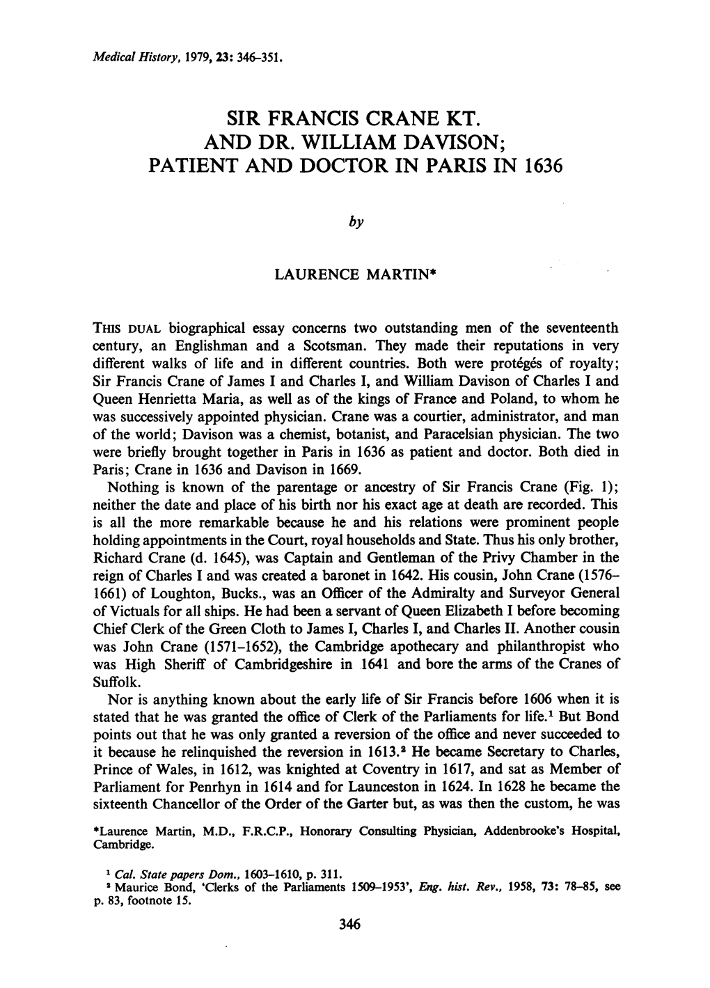 Sir Francis Crane Kt. and Dr. William Davison; Patient and Doctor in Paris in 1636