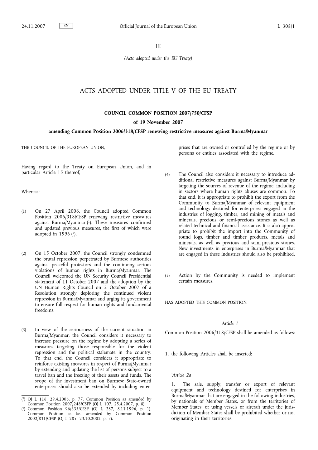 Iii Acts Adopted Under Title V of the Eu Treaty