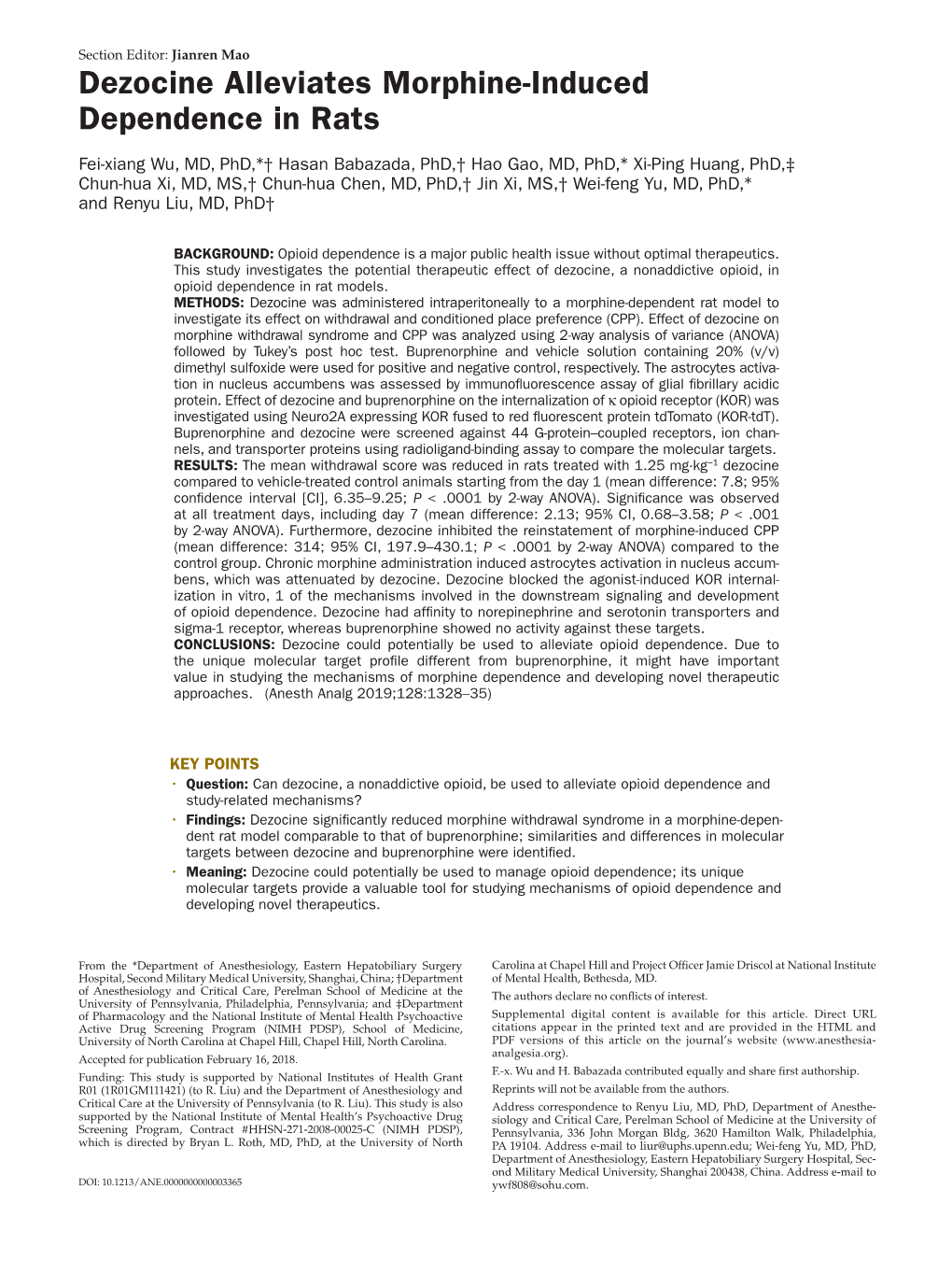 Dezocine Alleviates Morphine-Induced Dependence in Rats