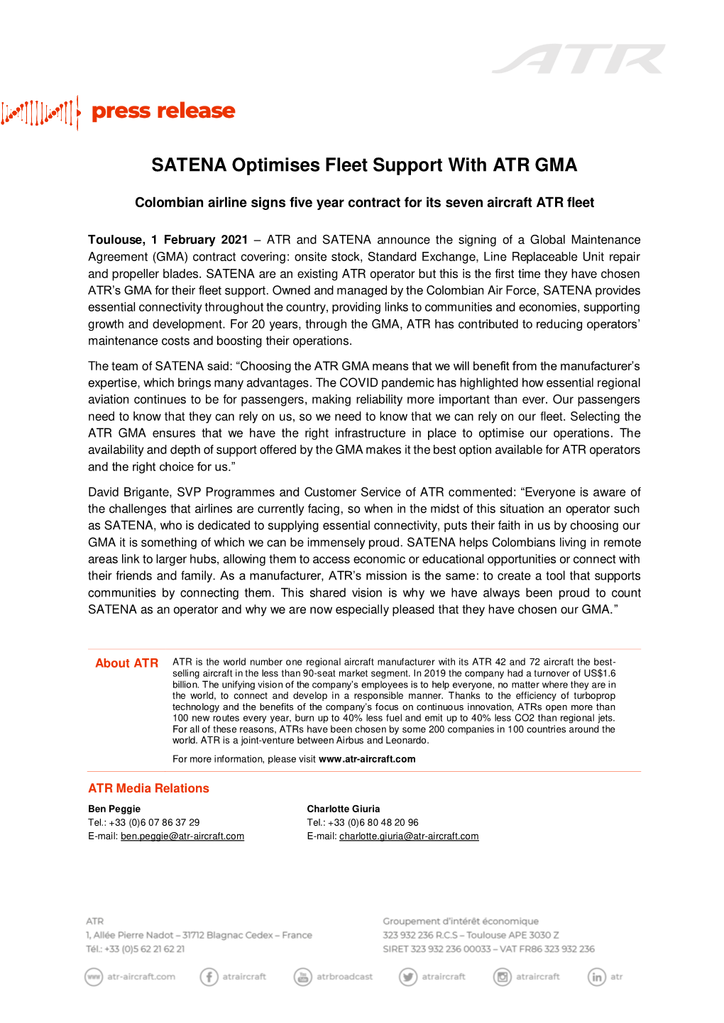 SATENA Optimises Fleet Support with ATR GMA