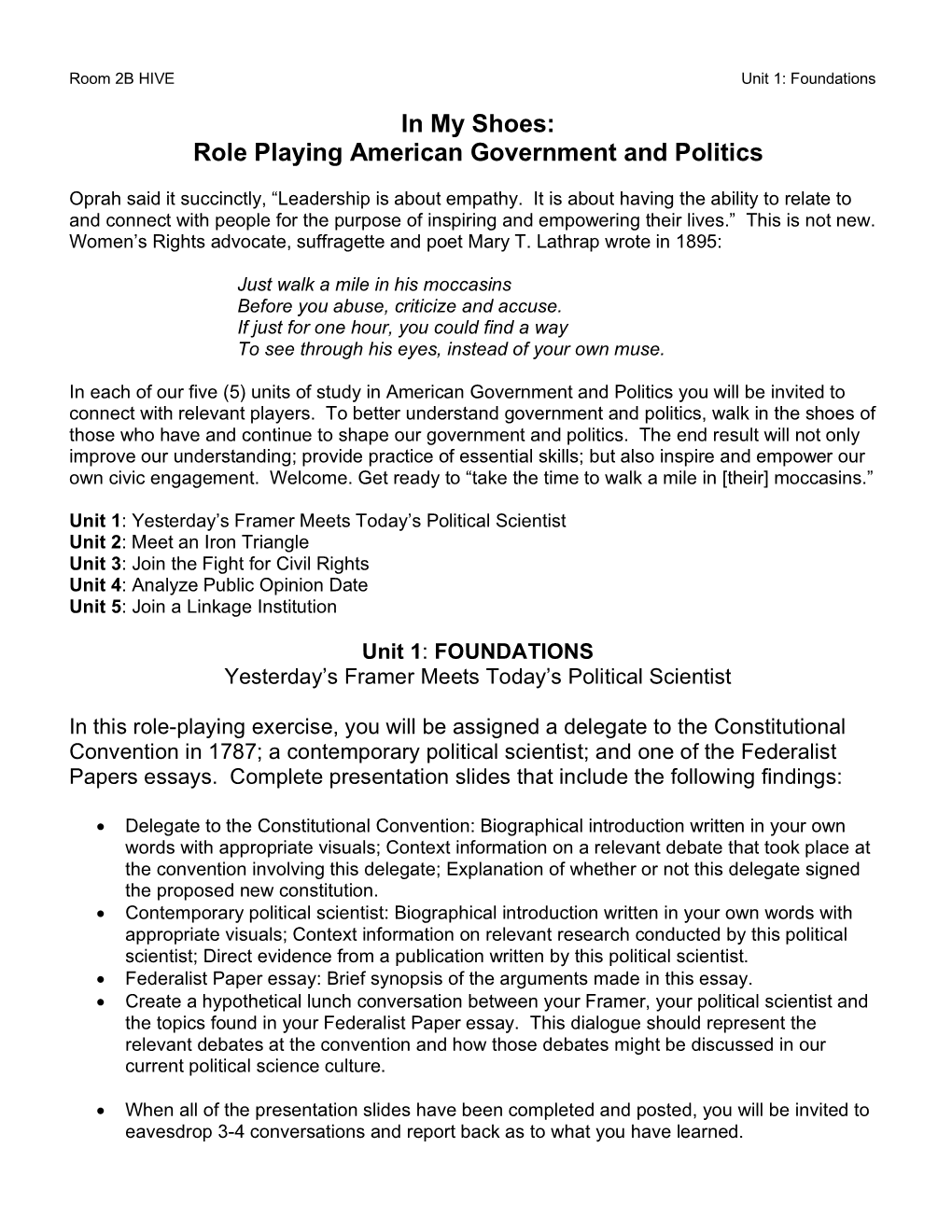 In My Shoes: Role Playing American Government and Politics