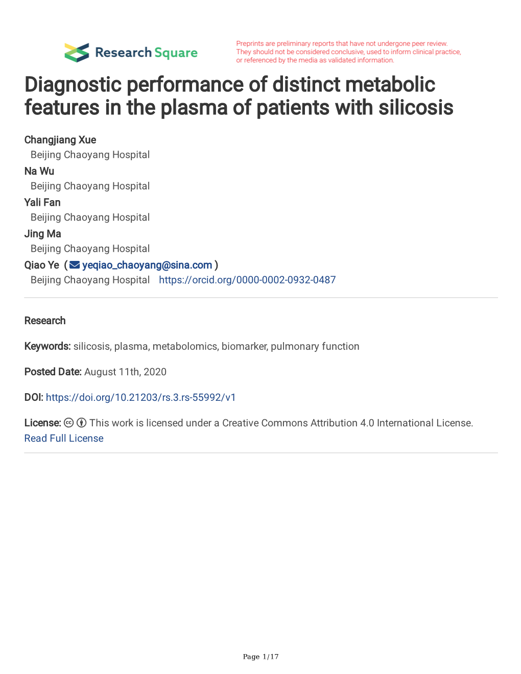 Diagnostic Performance of Distinct Metabolic Features in the Plasma of Patients with Silicosis