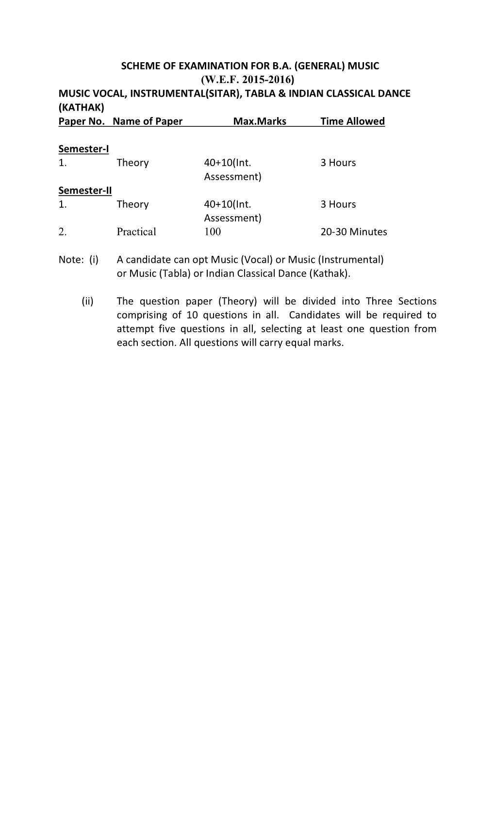 SCHEME of EXAMINATION for B.A. (GENERAL) MUSIC (W.E.F. 2015-2016) MUSIC VOCAL, INSTRUMENTAL(SITAR), TABLA & INDIAN CLASSICAL DANCE (KATHAK) Paper No