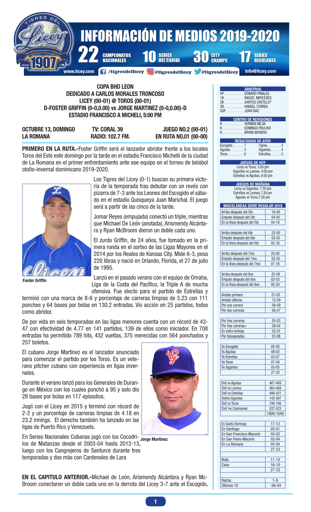 TOROS (00-01) D-FOSTER GRIFFIN (0-0,0.00) Vs JORGE MARTINEZ