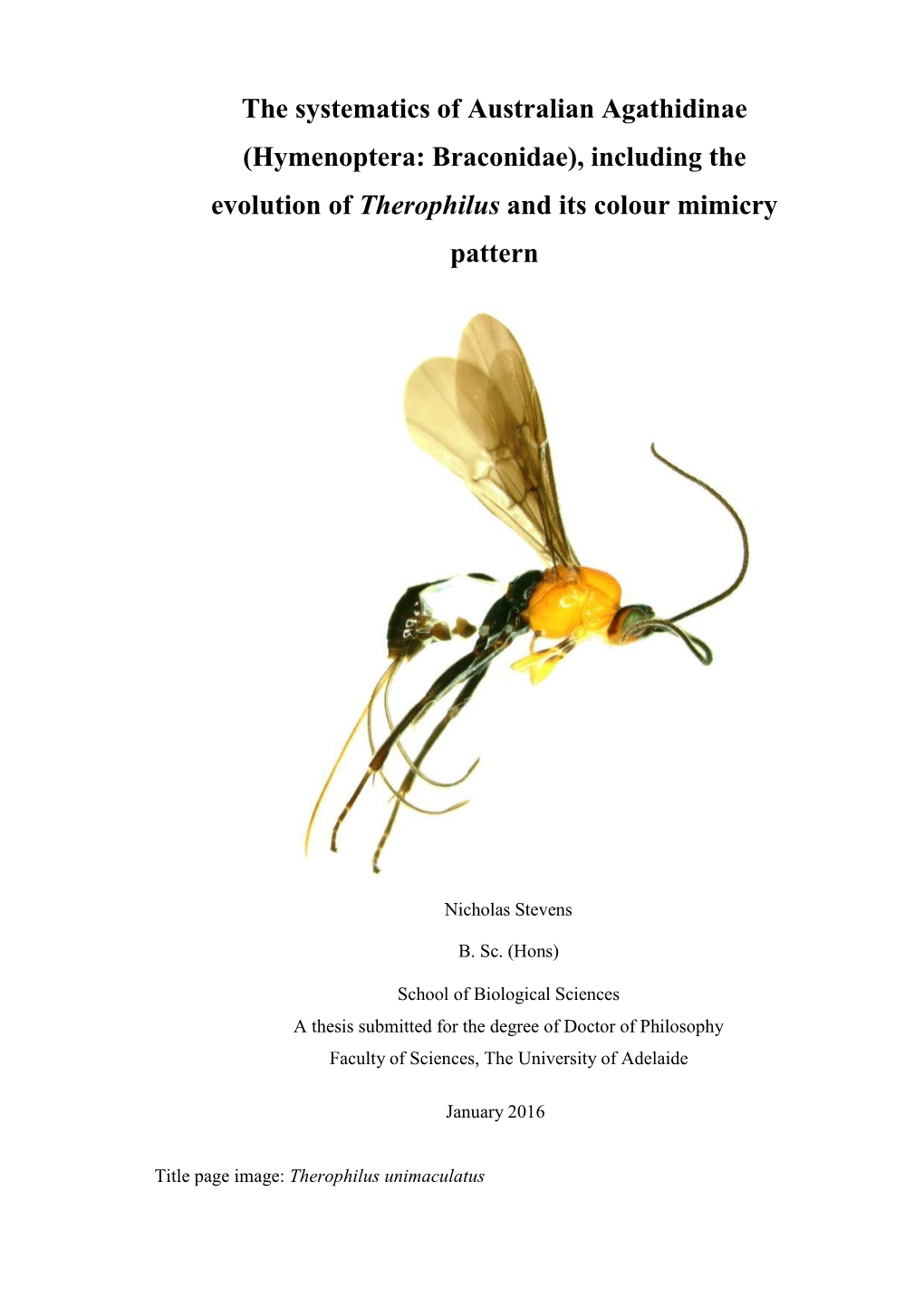 The Systematics of Australian Agathidinae (Hymenoptera: Braconidae), Including the Evolution of Therophilus and Its Colour Mimicry Pattern