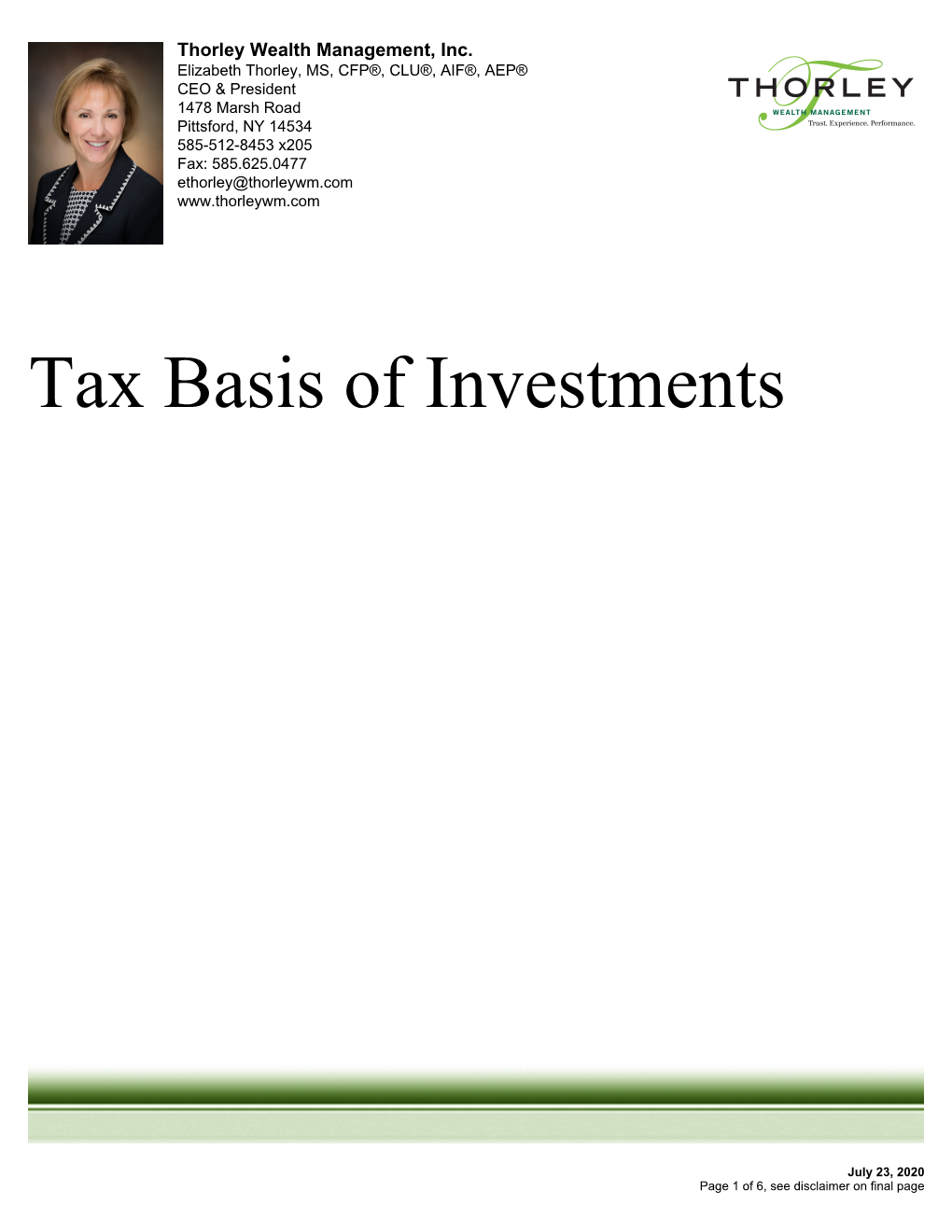 Tax Basis of Investments