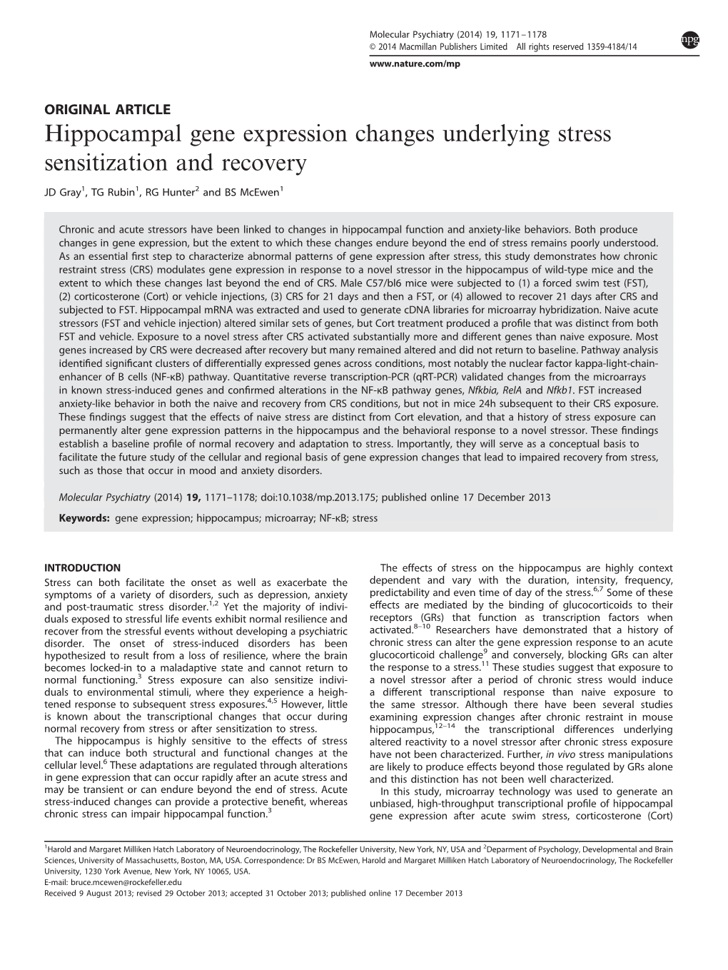 Hippocampal Gene Expression Changes Underlying Stress Sensitization and Recovery