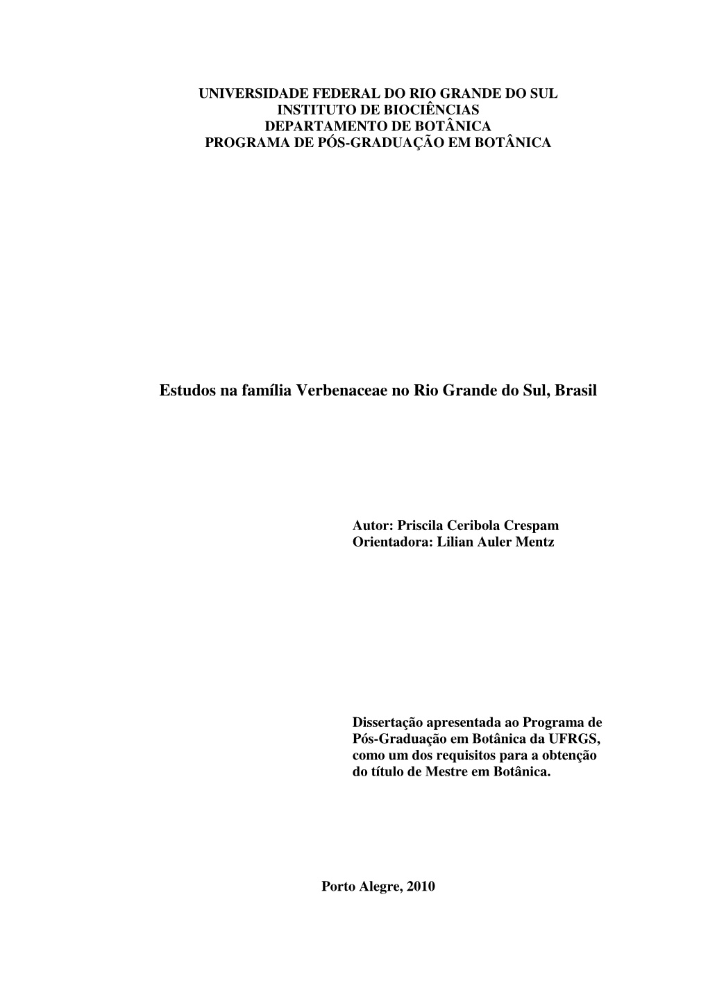 Estudos Na Família Verbenaceae No Rio Grande Do Sul, Brasil