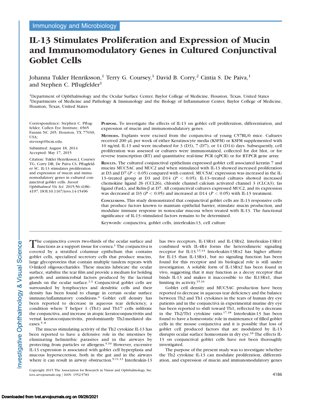 IL-13 Stimulates Proliferation and Expression of Mucin and Immunomodulatory Genes in Cultured Conjunctival Goblet Cells