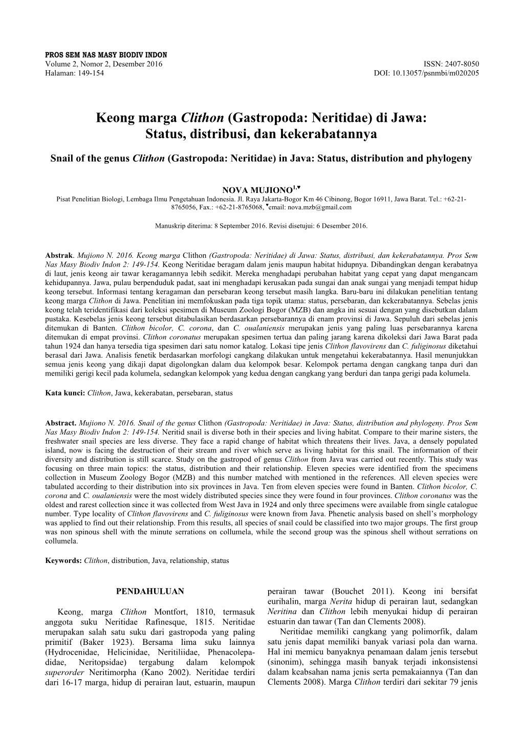 Keong Marga Clithon (Gastropoda: Neritidae) Di Jawa: Status, Distribusi, Dan Kekerabatannya