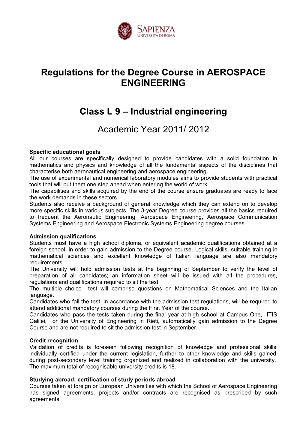 Regulations for the Degree Course in AEROSPACE ENGINEERING