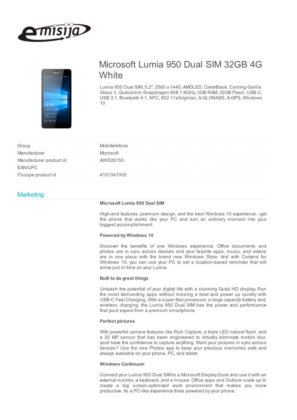Microsoft Lumia 950 Dual SIM 32GB 4G White