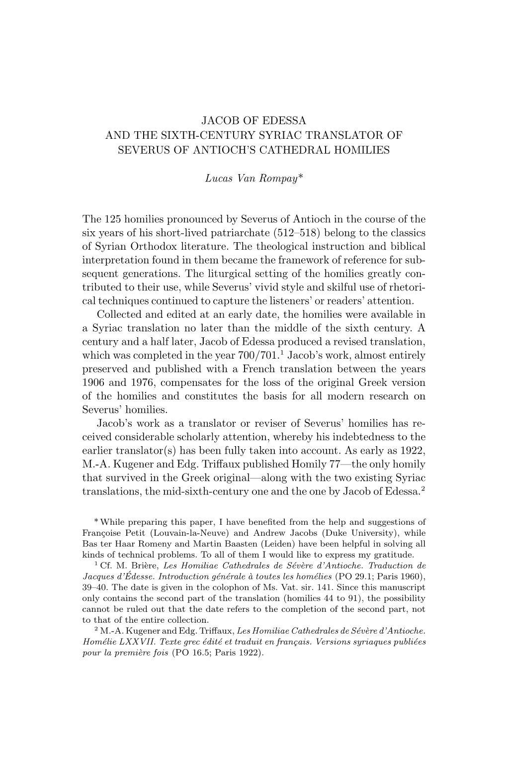 Jacob of Edessa and the Sixth-Century Syriac Translator of Severus of Antioch’S Cathedral Homilies