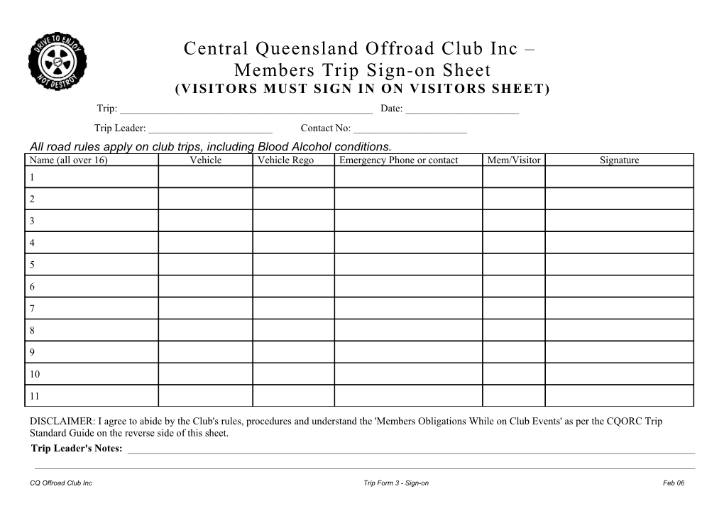 Central Queensland Offroad Club Inc Trip Sheet