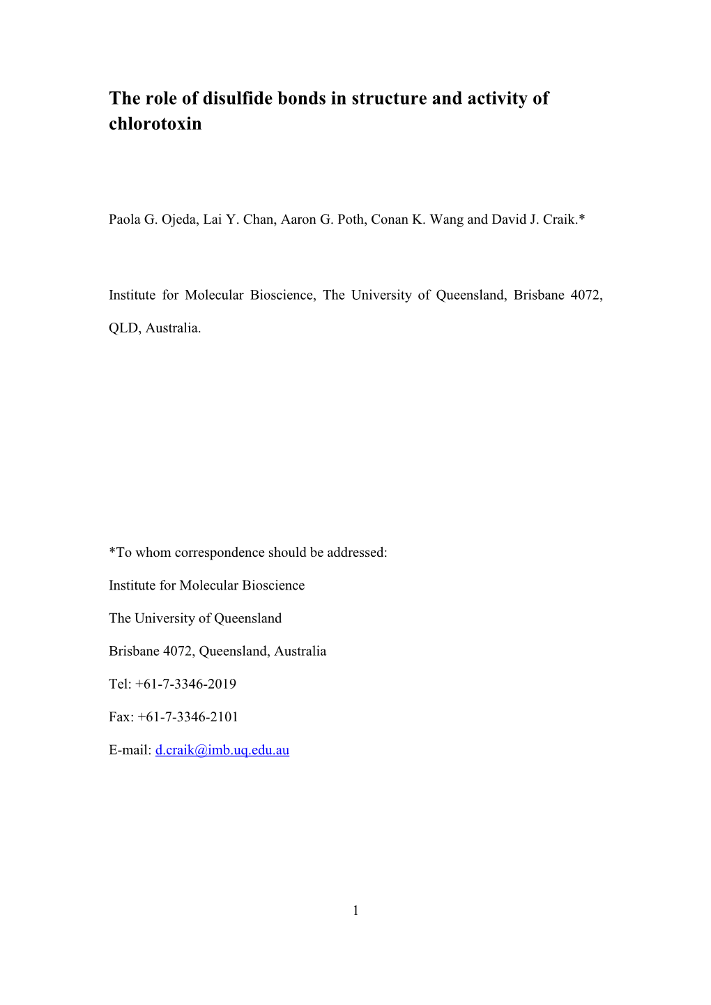 The Role of Disulfide Bonds in Structure and Activity of Chlorotoxin