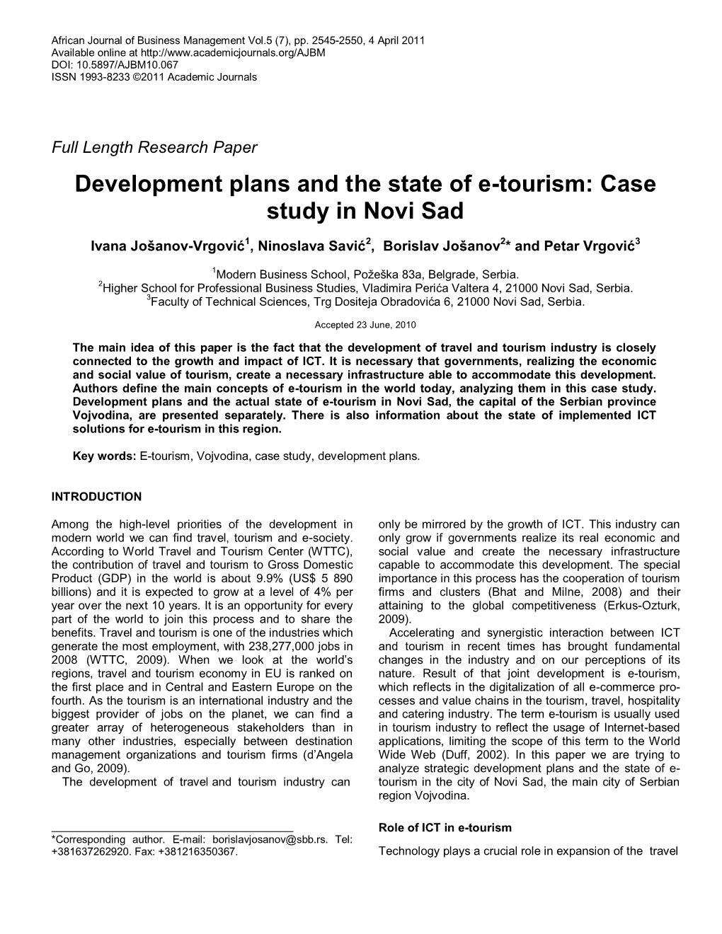 Development Plans and the State of E-Tourism: Case Study in Novi Sad