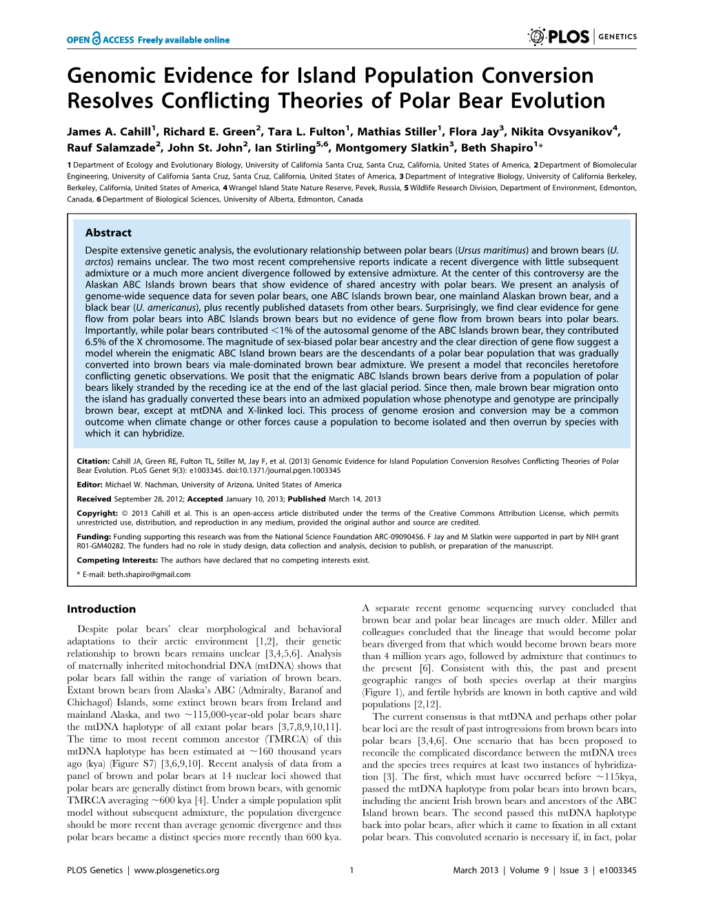 Genomic Evidence for Island Population Conversion Resolves Conflicting Theories of Polar Bear Evolution