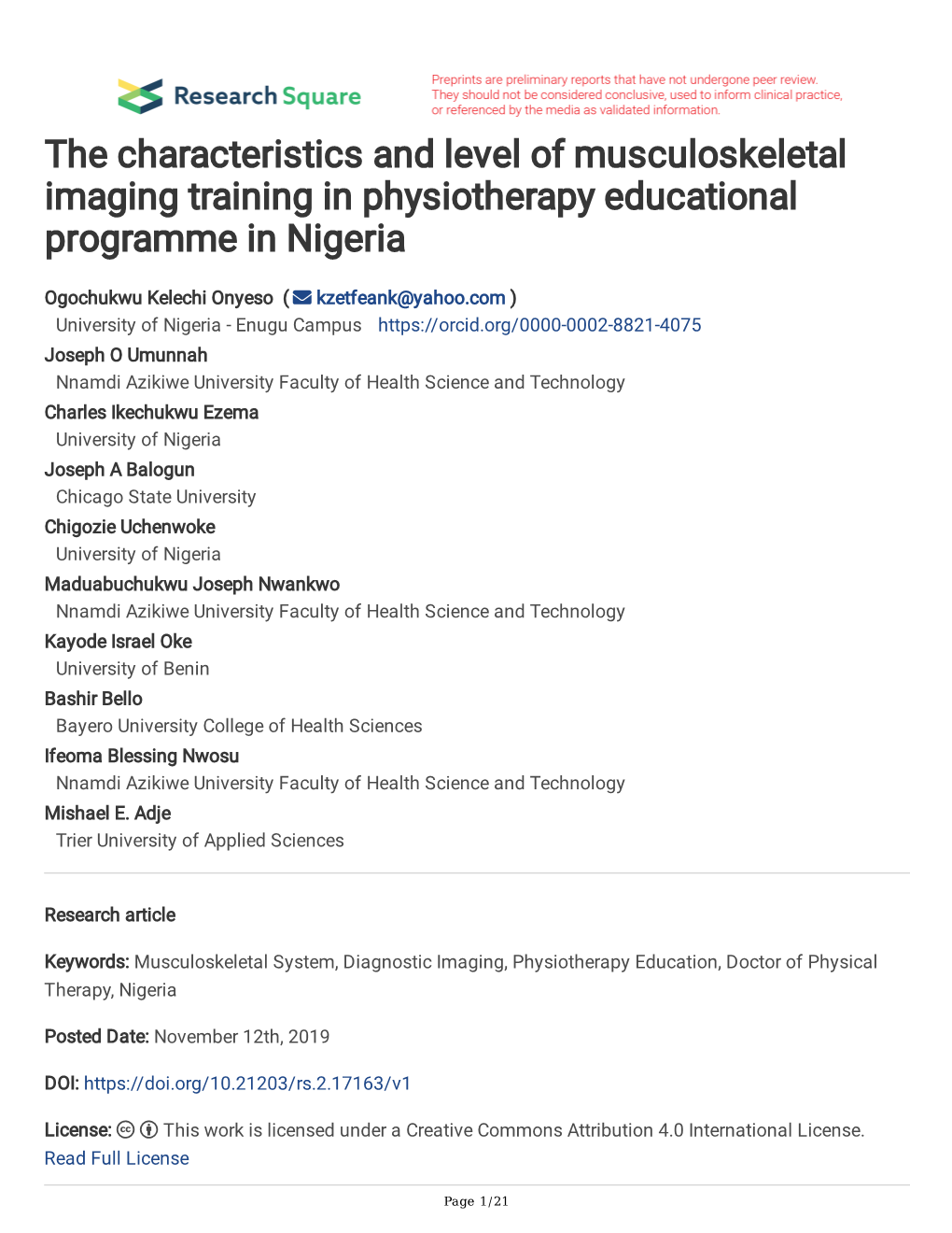 The Characteristics and Level of Musculoskeletal Imaging Training in Physiotherapy Educational Programme in Nigeria