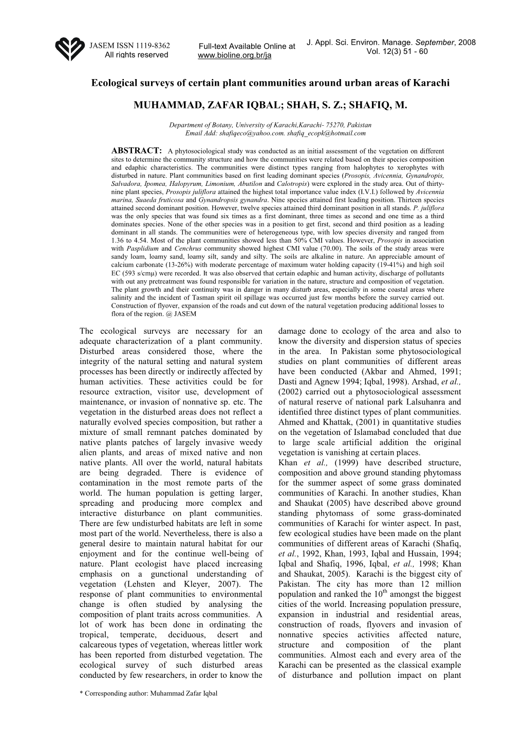 Ecological Surveys of Certain Plant Communities Around Urban Areas of Karachi