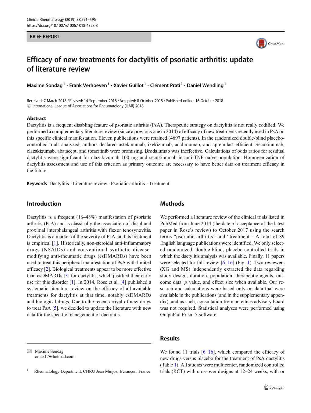 Efficacy of New Treatments for Dactylitis of Psoriatic Arthritis: Update of Literature Review