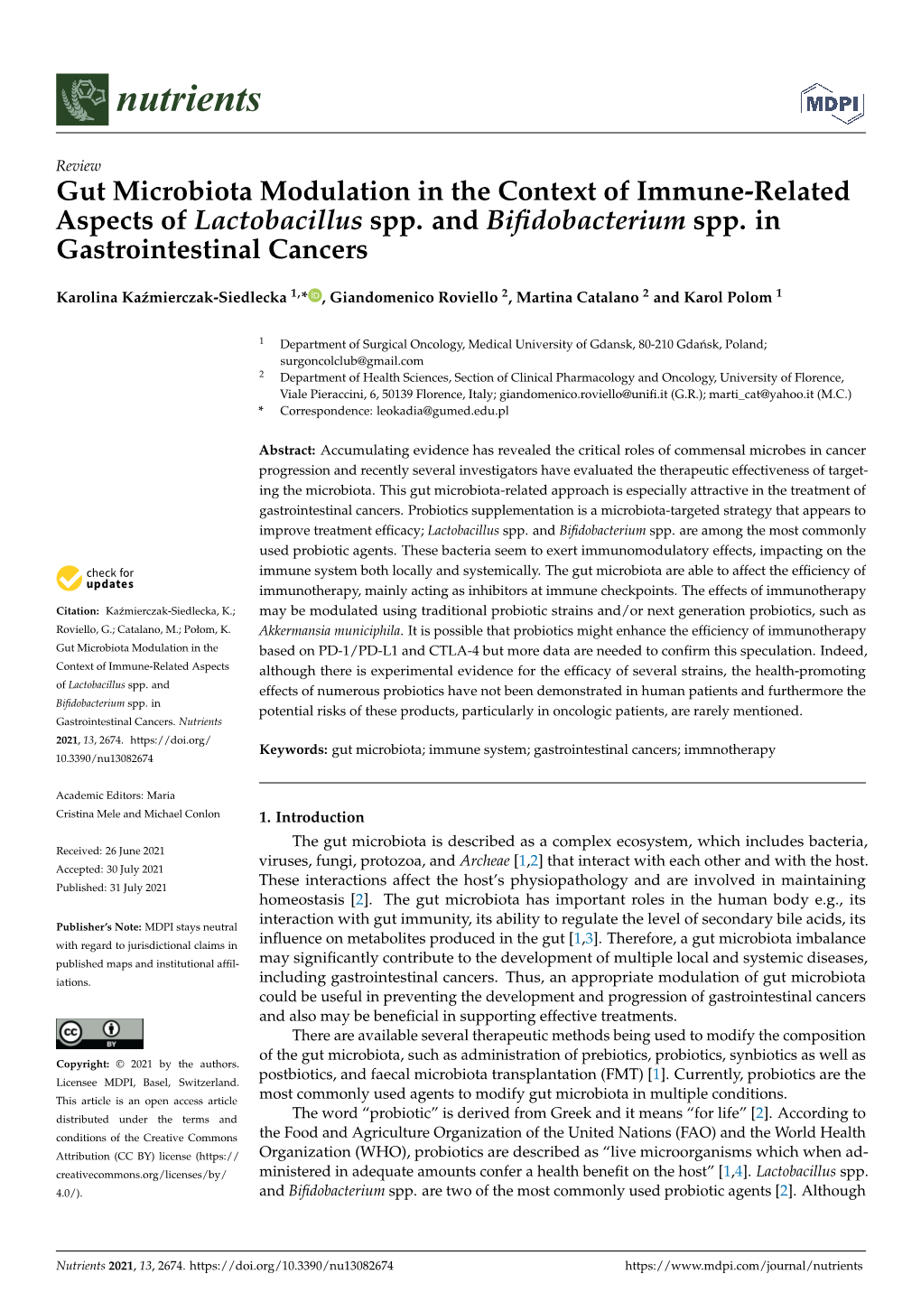 Gut Microbiota Modulation in the Context of Immune-Related Aspects of Lactobacillus Spp. and Bifidobacterium Spp. in Gastrointe