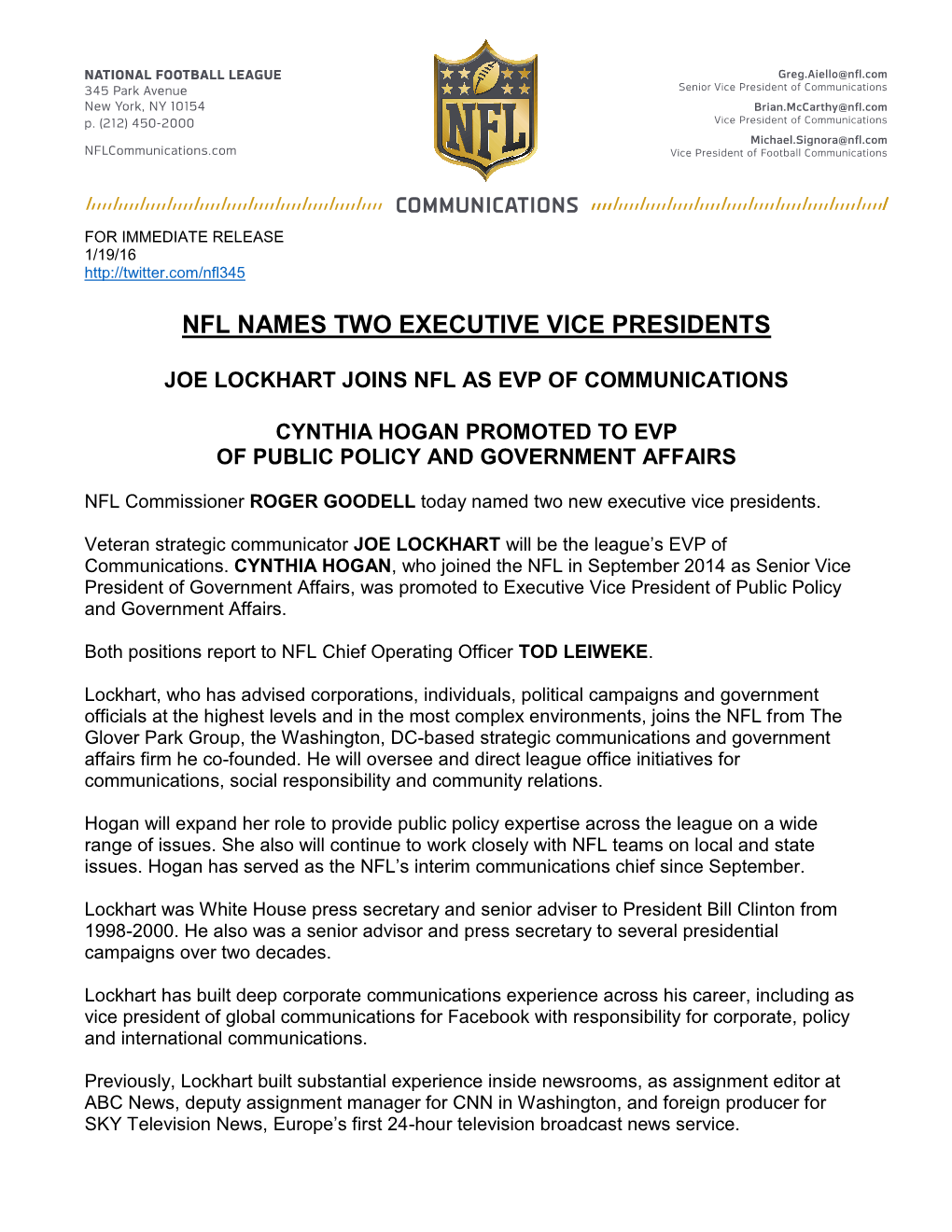Nfl Names Two Executive Vice Presidents