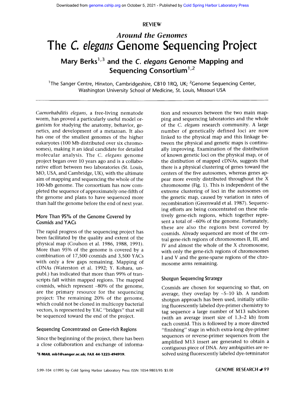 The C. Elegans Genome Sequencing Project Mary Berks1,3 and the C