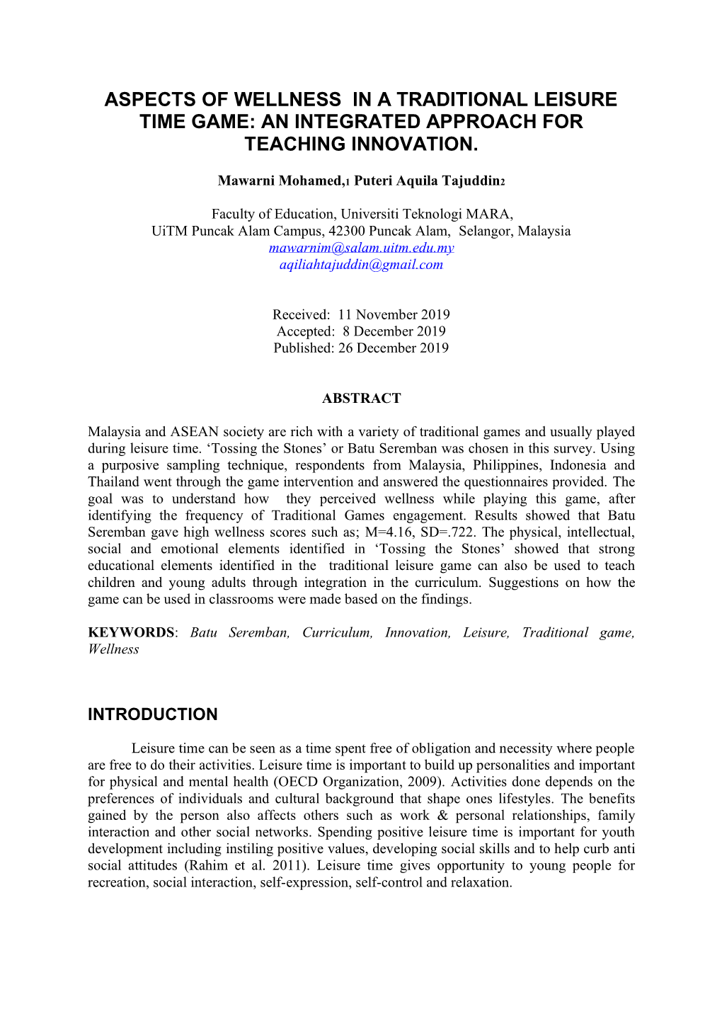 Aspects of Wellness in a Traditional Leisure Time Game: an Integrated Approach for Teaching Innovation