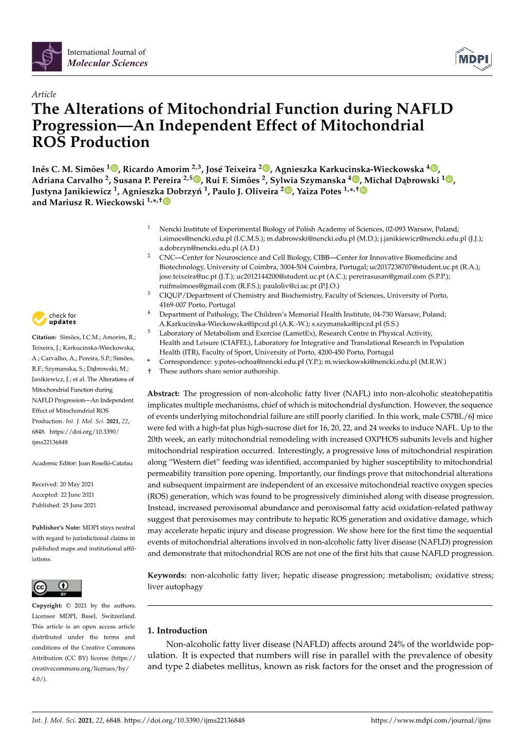 The Alterations of Mitochondrial Function During NAFLD Progression—An Independent Effect of Mitochondrial ROS Production