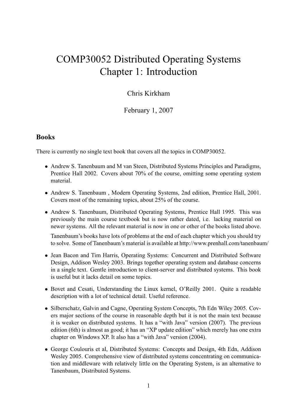 COMP30052 Distributed Operating Systems Chapter 1: Introduction