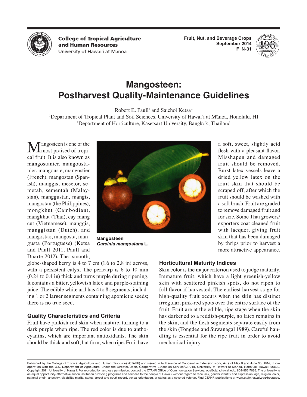 Mangosteen: Postharvest Quality-Maintenance Guidelines