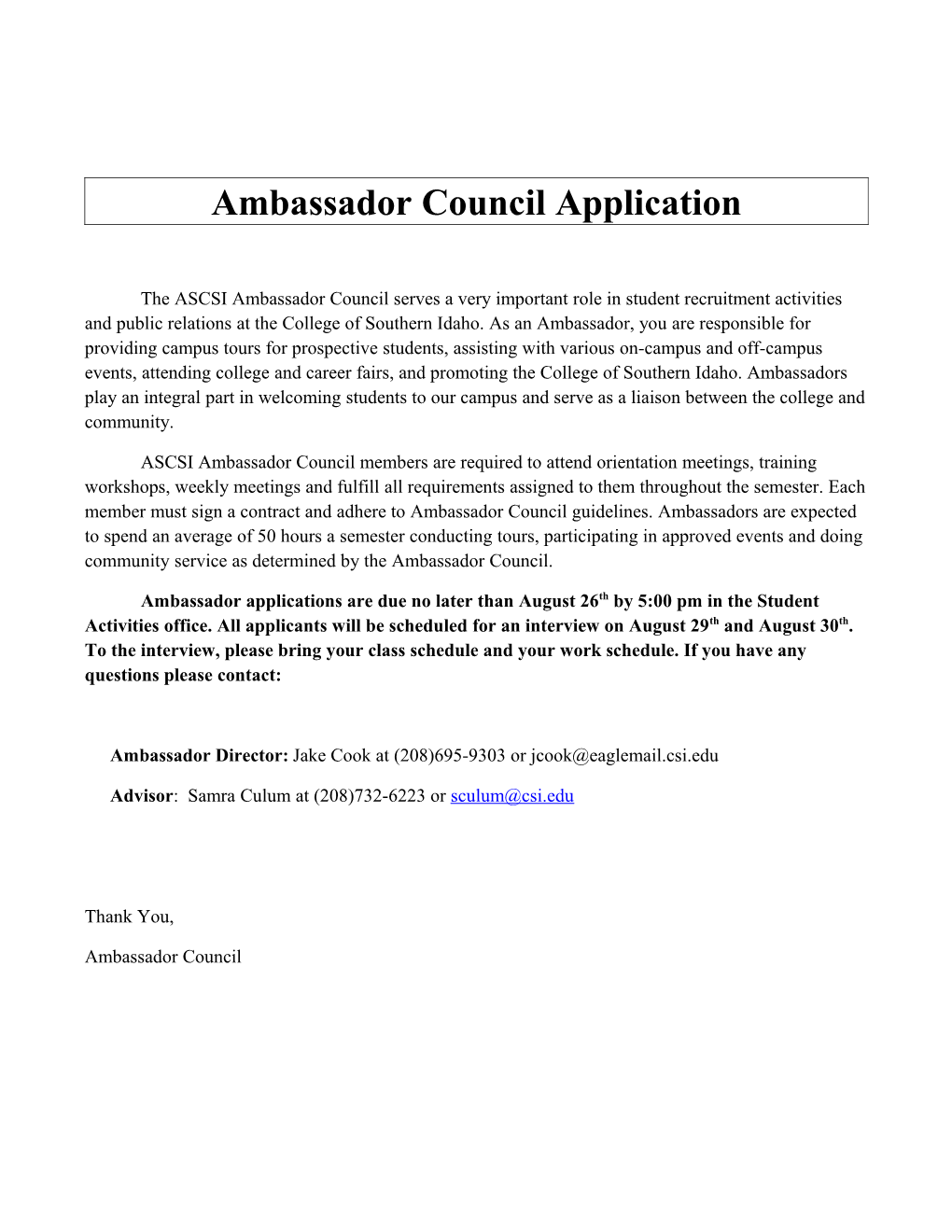 Ambassador Council Application