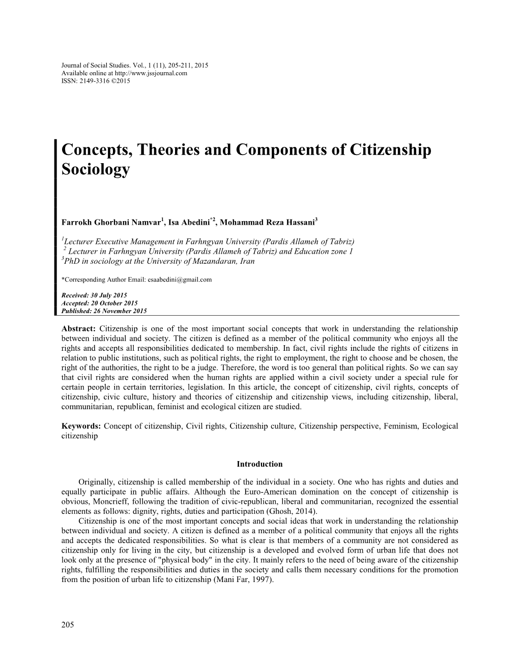 Concepts, Theories and Components of Citizenship Sociology