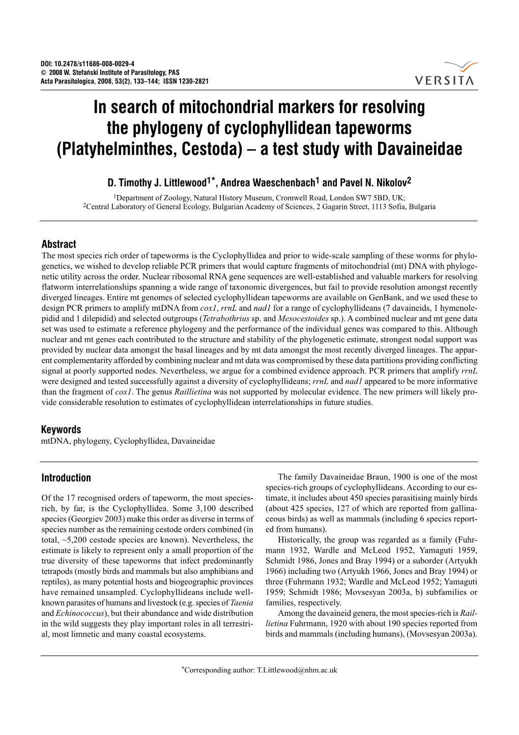 Platyhelminthes, Cestoda) – a Test Study with Davaineidae