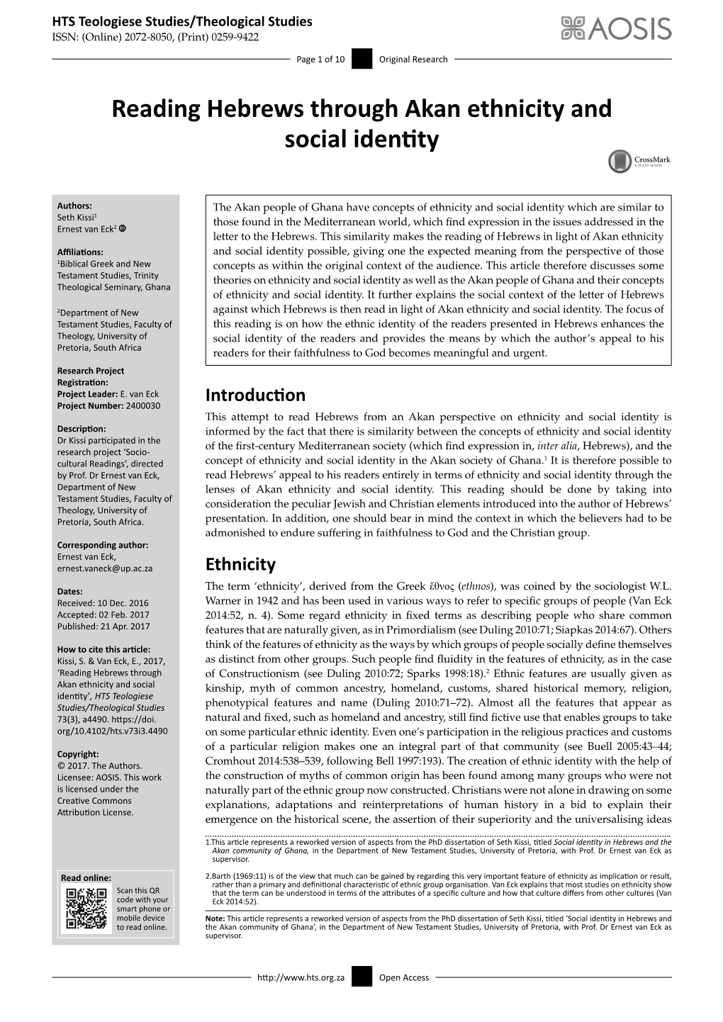 Reading Hebrews Through Akan Ethnicity and Social Identity