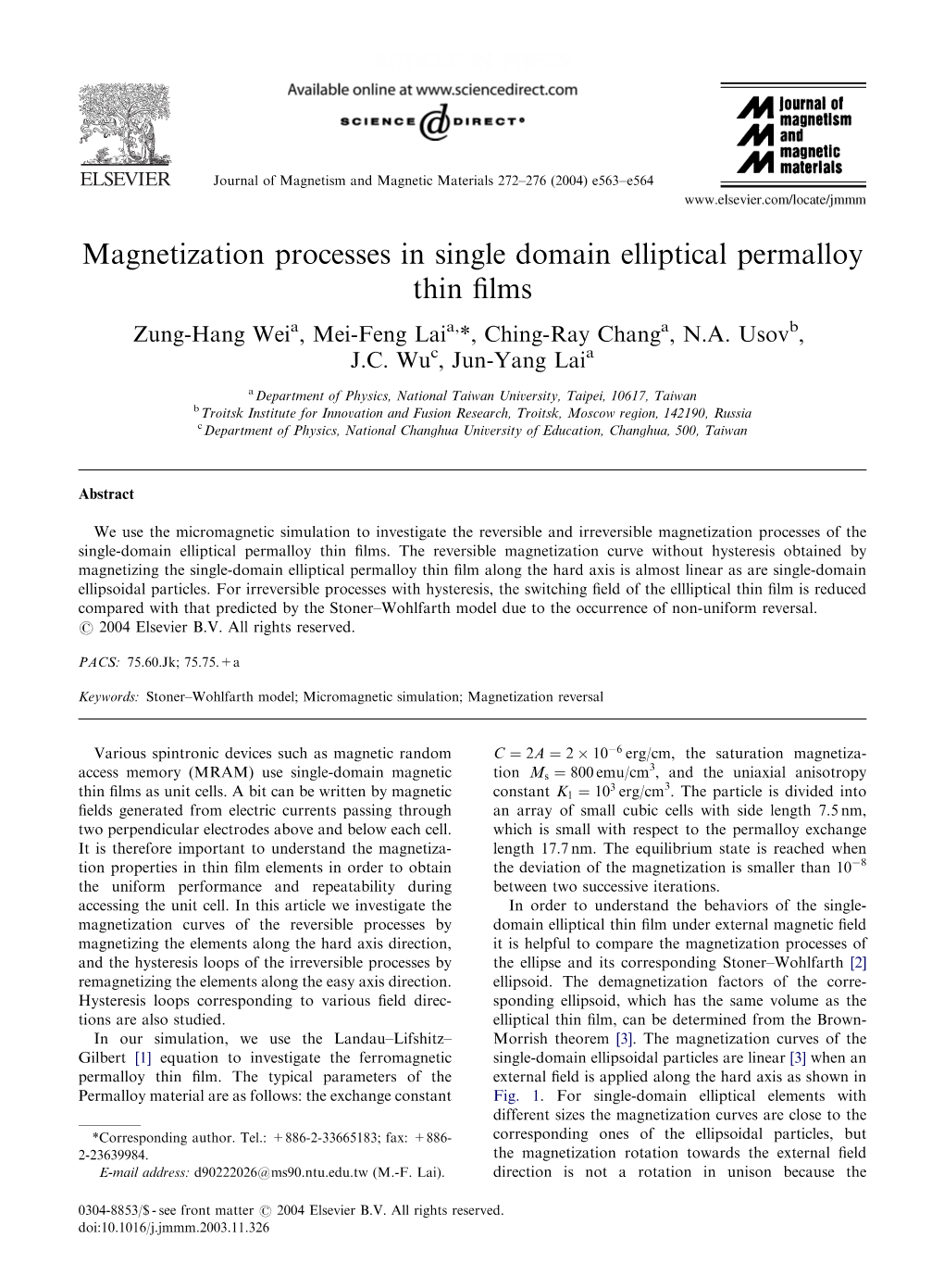 Magnetization Processes in Single Domain Elliptical Permalloy Thin Films