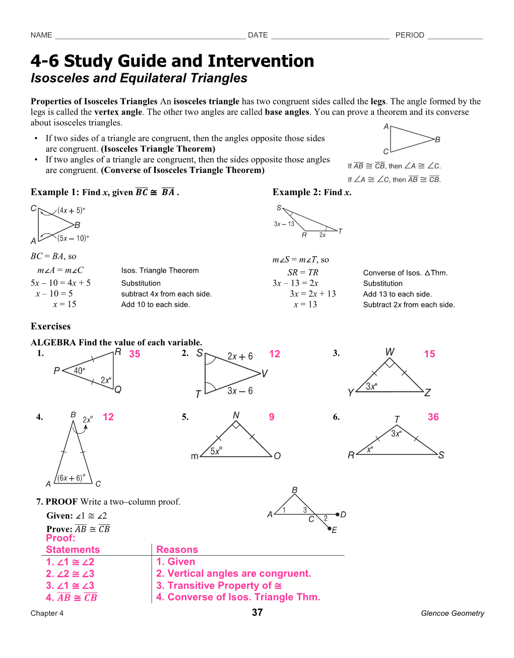 4-6 Study Guide and Intervention Isosceles and Equilateral Triangles